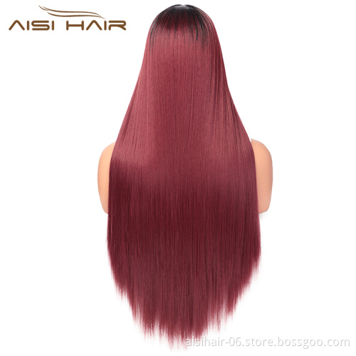 Aisi Hair Ombre Red Dark Root Wig Long Silky Straight Lace Frontal Wig Middle Part Synthetic Front Lace Hair Wigs For Women